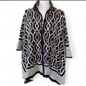 NWT Anne Klein Black White Full Zip Poncho Geometric Sweater Woman's Large